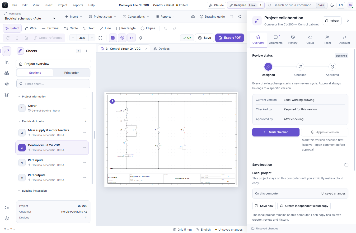 ELX Studio project collaboration panel showing review status and local or cloud saving controls