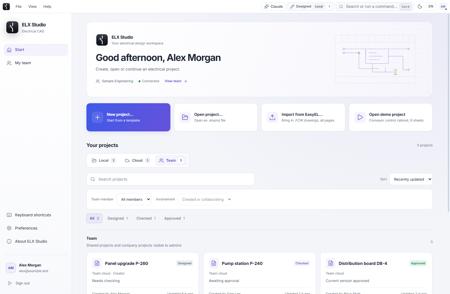 ELX Studio project home with separate Local, Cloud and Team views, team member and review status filters